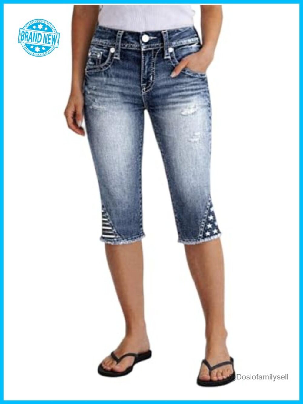 High Waist Skinny Capri Jeans with Embroidery Raw Hem Denim